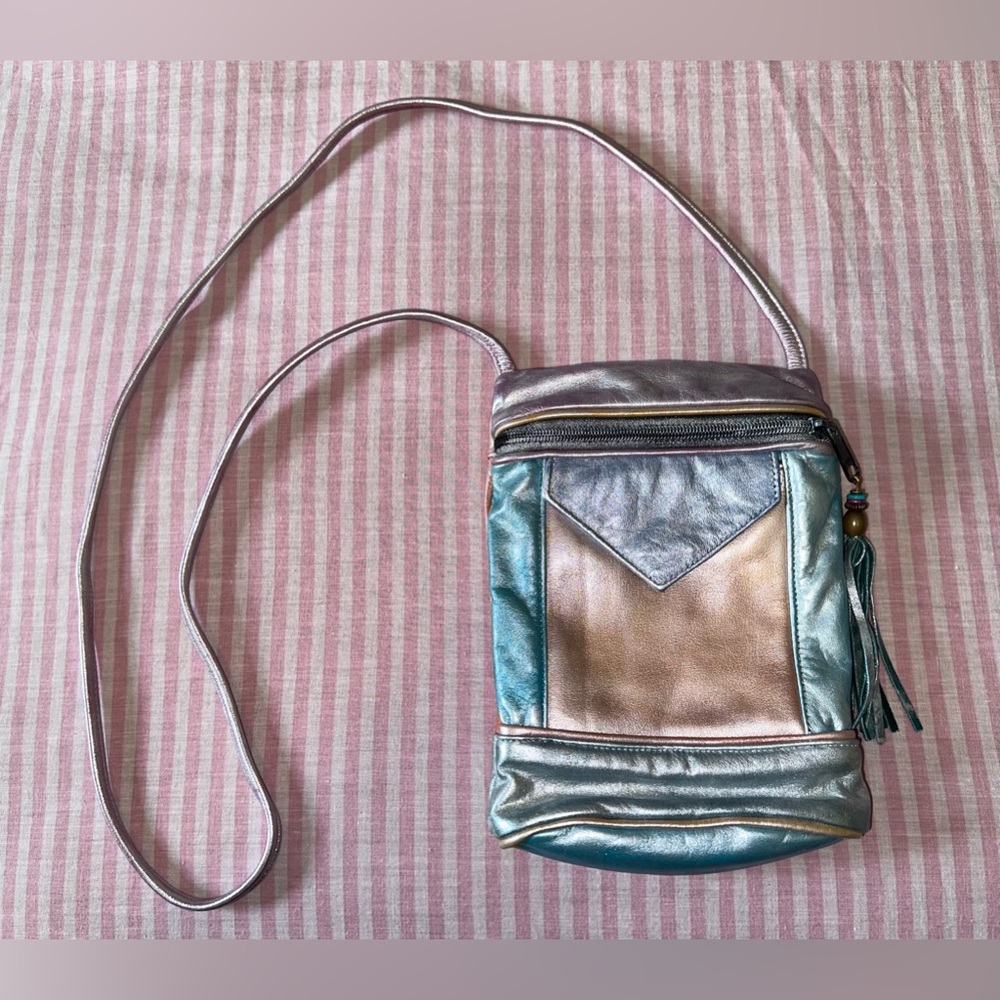 Vintage 80s 90s Colorful Metallic Shimmer Pastel Pearl Color Block Bag Purse